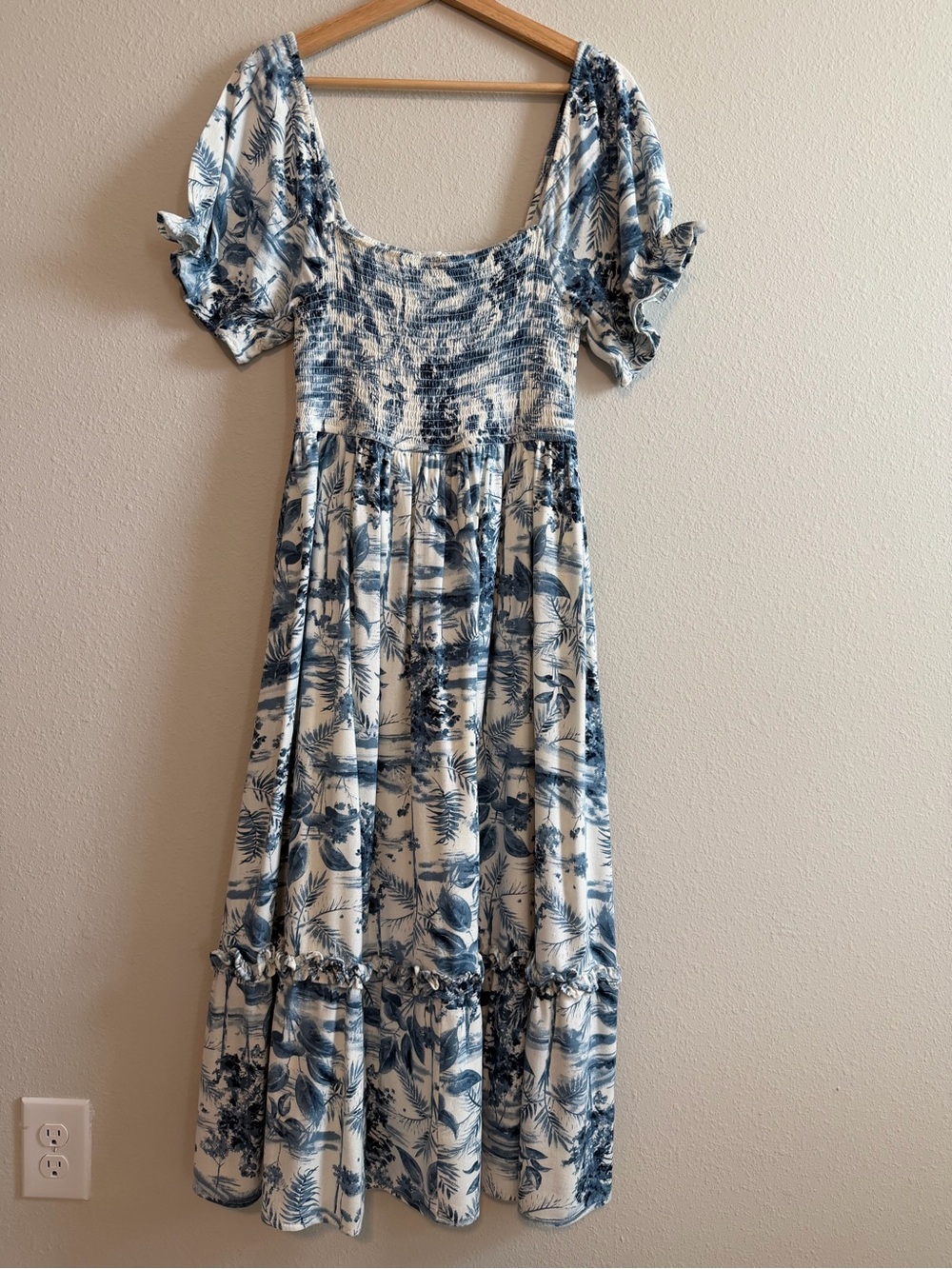 Blue and White Floral Maxi Dress with Smocked Bodice - Picture 3 of 7
